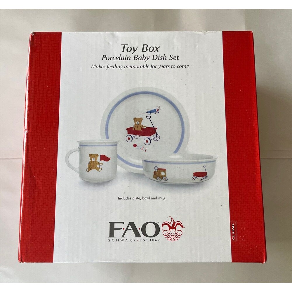 FAO Schwarz Toy Box Porcelain Baby Dish Set 3 Pieces Cup Bowl Plate